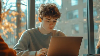 Student korzystający z laptopa w nowoczesnej bibliotece uniwersyteckiej, naturalne oświetlenie