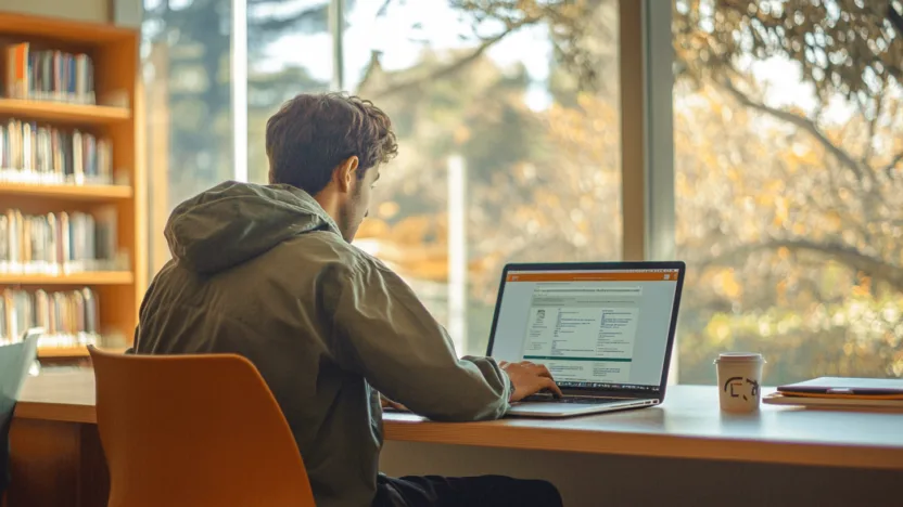 Student logujący się do systemu USOS UAM na laptopie w bibliotece uniwersyteckiej
