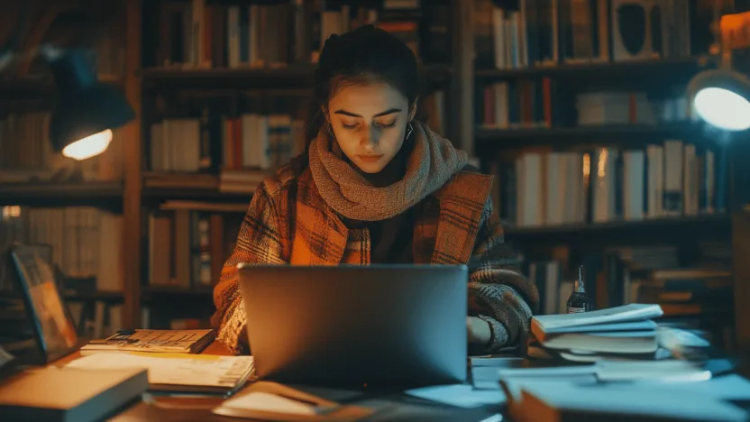 Student logujący się do Centralnego Punktu Logowania UMK na laptopie w bibliotece uniwersyteckiej