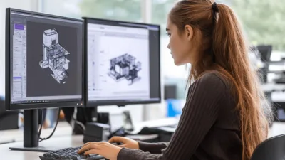 Studentka pracująca nad projektem w programie AutoCAD na dwóch monitorach w nowoczesnej przestrzeni do nauki