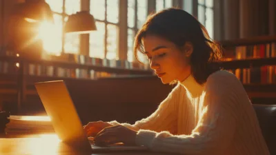 studentka siedząca w bibiotece o zachodzie słońca korzystająca z laptopa