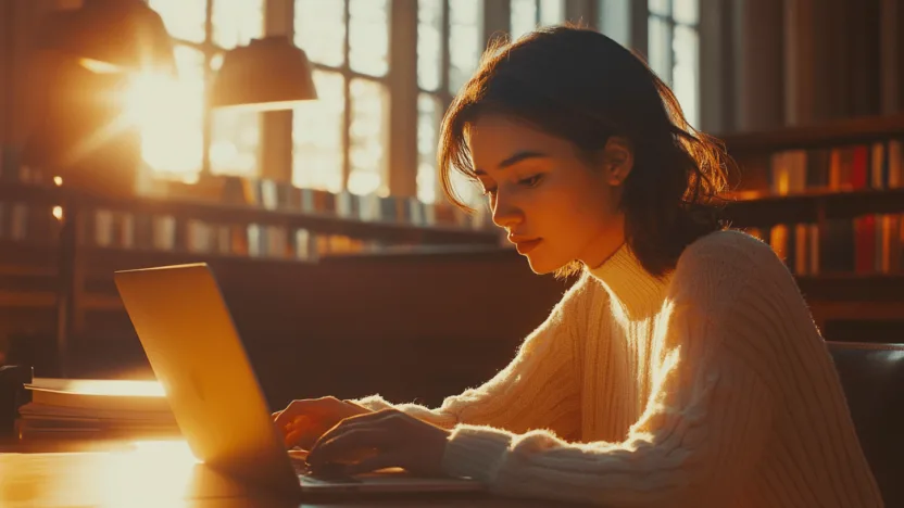 studentka siedząca w bibiotece o zachodzie słońca korzystająca z laptopa