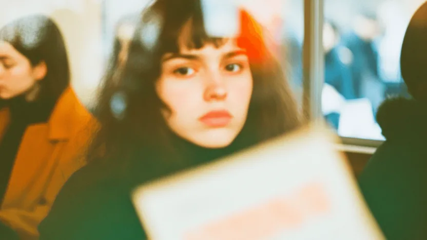 Zestresowana studentka czekająca na warunek na studiach, analizująca dokumenty i siedząca w korytarzu uniwersyteckim.