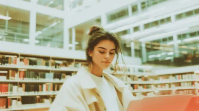 Studentka pisząca mail do wykładowcy na laptopie w bibliotece uniwersyteckiej