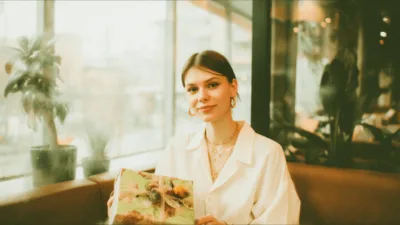 Prezent na dzień mamy - studentka trzymająca elegancko zapakowany prezent w kawiarni